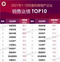 2021年1-10月廊坊房地产企业销售业绩TOP10