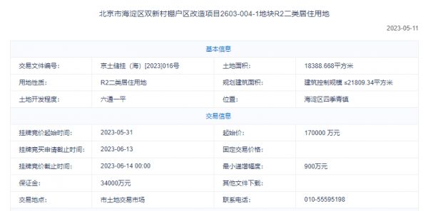 19.55亿元！天恒正同摇号竞得北京海淀双新004-1地块