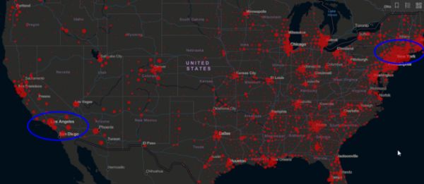 美国各地区疫情分布图 图片来源：霍普金斯大学官网
