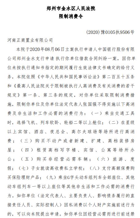 正商置业及其法人张国强被发限制消费令-中国网地产