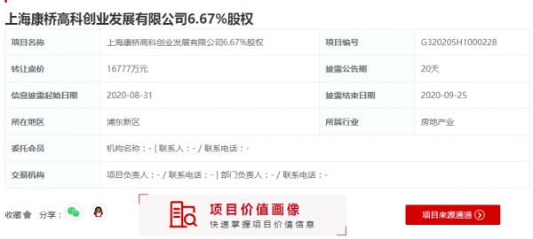 浦东康桥挂牌转让康桥高科6.67%股权 底价1.68亿元-中国网地产