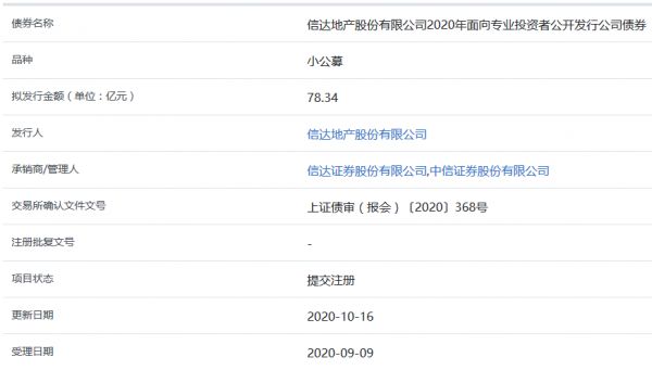 信达地产78.34亿元小公募公司债券在上交所提交注册-中国网地产