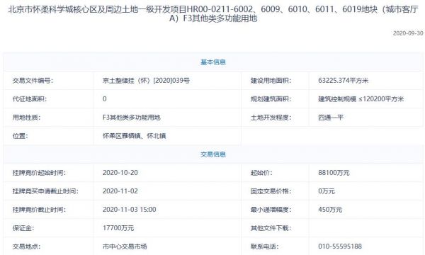 怀柔科学城8.81亿元竞得北京怀柔1宗多功能用地-中国网地产