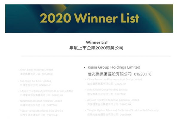 格隆汇大中华区最佳上市公司2020评选揭晓 佳兆业获评年度最佳IR团队奖