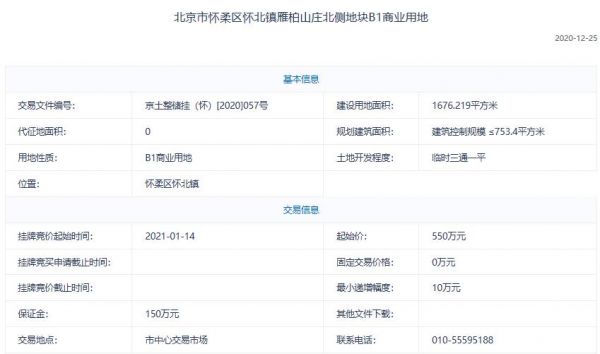 北京怀柔550万挂牌1宗商业用地-中国网地产