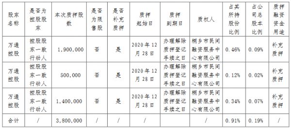 万通发展：万通控股补充质押380万股公司股份 占总股本的0.19%-中国网地产