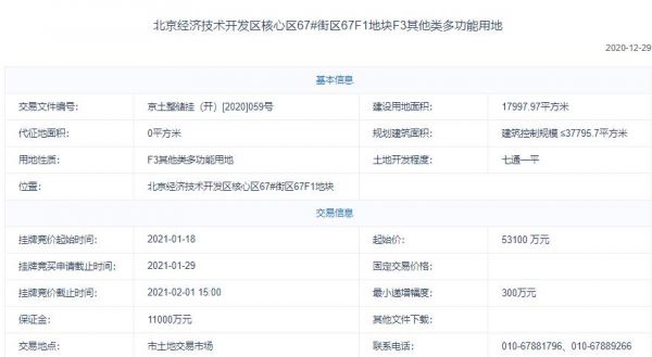 亦庄控股5.76亿元竞得北京大兴1宗多功能地块 溢价率8.47%-中国网地产