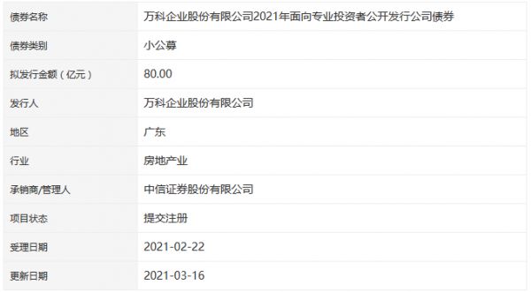 万科企业80亿元小公募公司债券在深交所提交注册-中国网地产