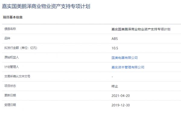 嘉实国美鹏泽商业物业10.5亿元资产支持ABS获上交所终止-中国网地产