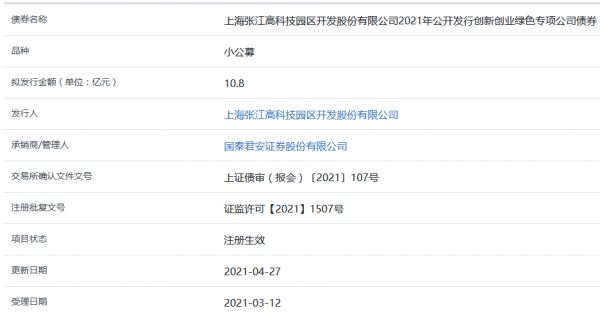 张江高科10.8亿元创新创业绿色专项公司债券在上交所注册生效-中国网地产