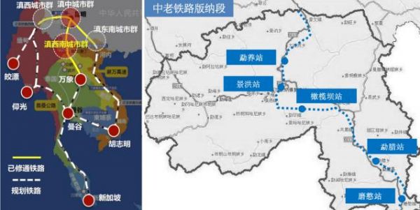 （中老铁路滇西南城市群及西双版纳段途径地示意图）