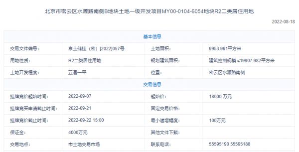 1.8亿！众智房地产底价竞得密云区水源路地块