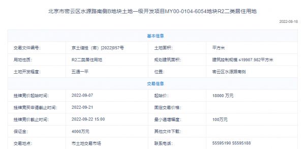 1.8亿！众智房地产底价竞得密云水源路地块