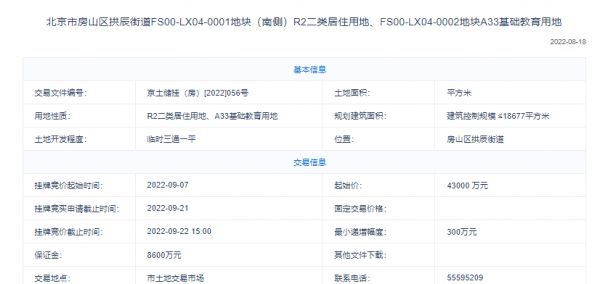 4.3亿！首创底价摘得房山拱辰0001等地块