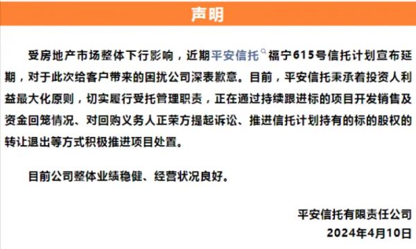 平安信托回应信托计划延期：已对回购义务人提起诉讼