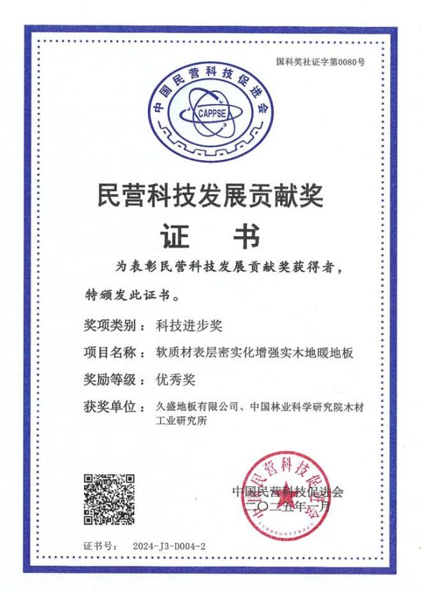 久盛一项目成果荣获民营科技发展贡献奖-科技进步奖