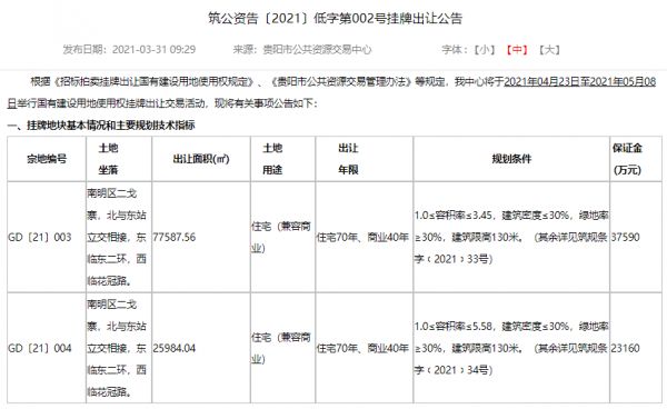 总面积逾10万方!贵阳南明区二戈寨东站旁两宗地块出让-中国网地产