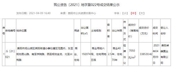 贵阳龙湖以33.85亿元竞得观山商住地块约19万方-中国网地产